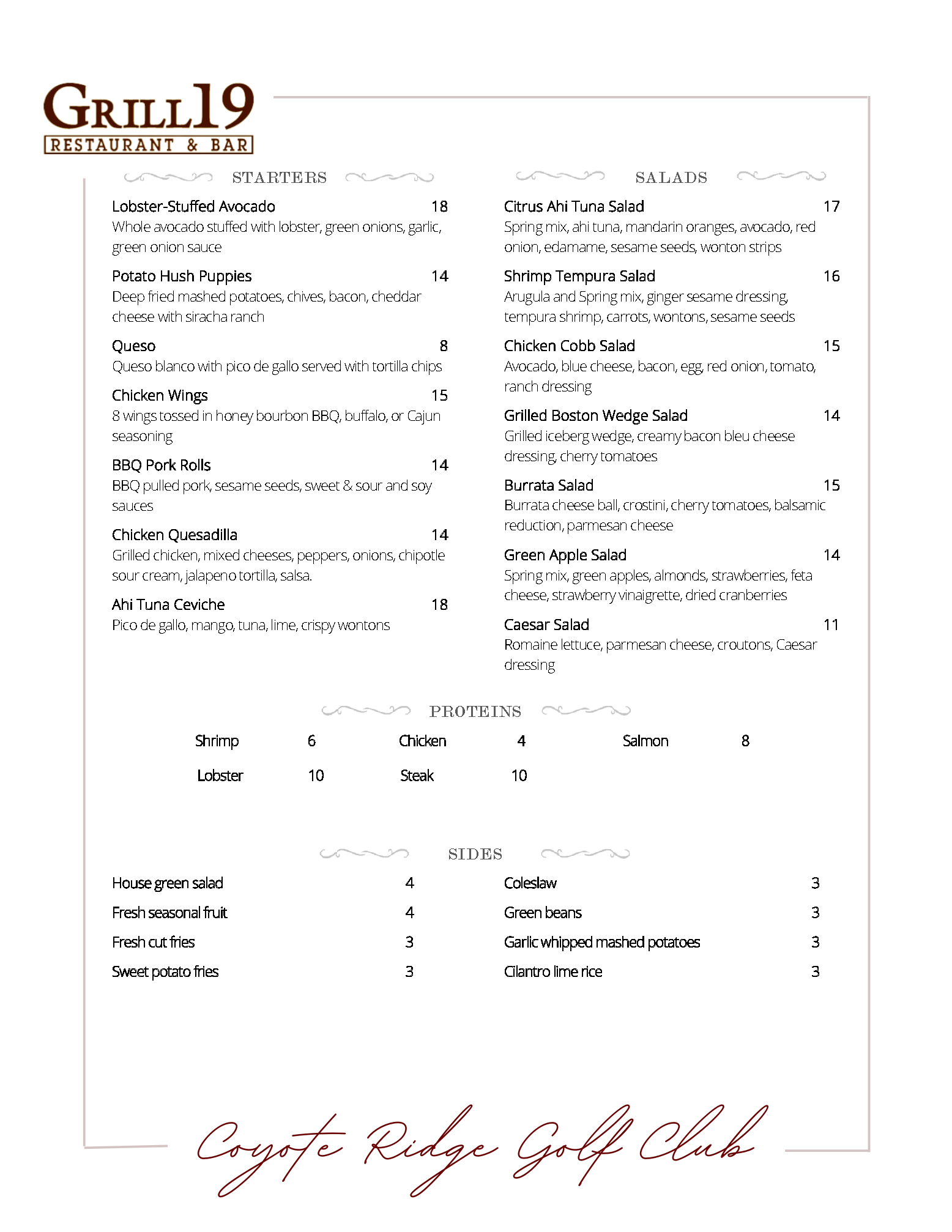 Grill 19 Menu - Coyote Ridge Golf Club